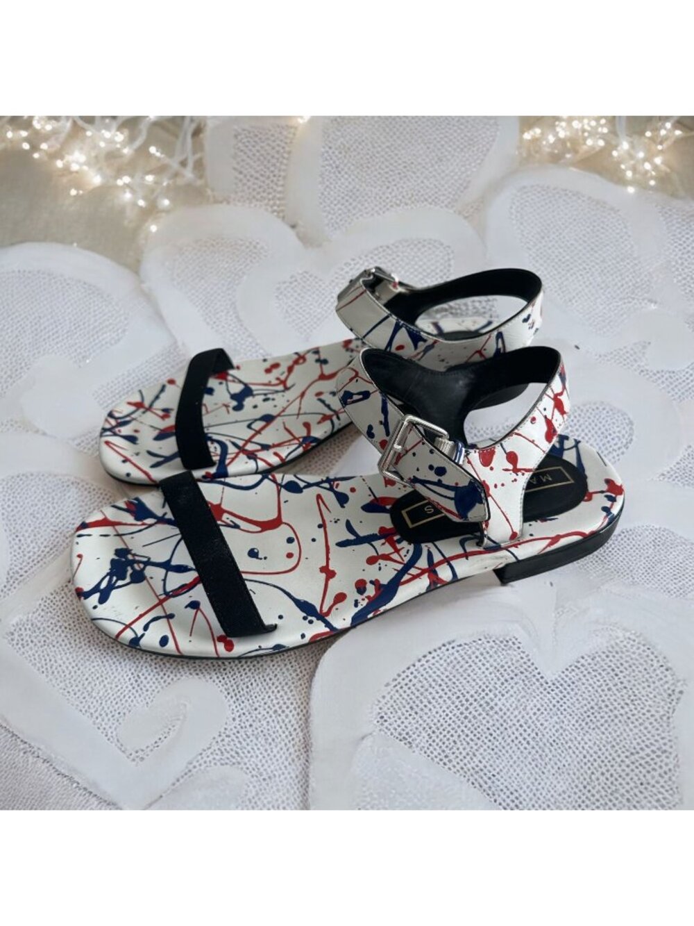 MARC JACOBS Paint Splatter White Blue Red Leather Sandals Size 7.5 / 37.5